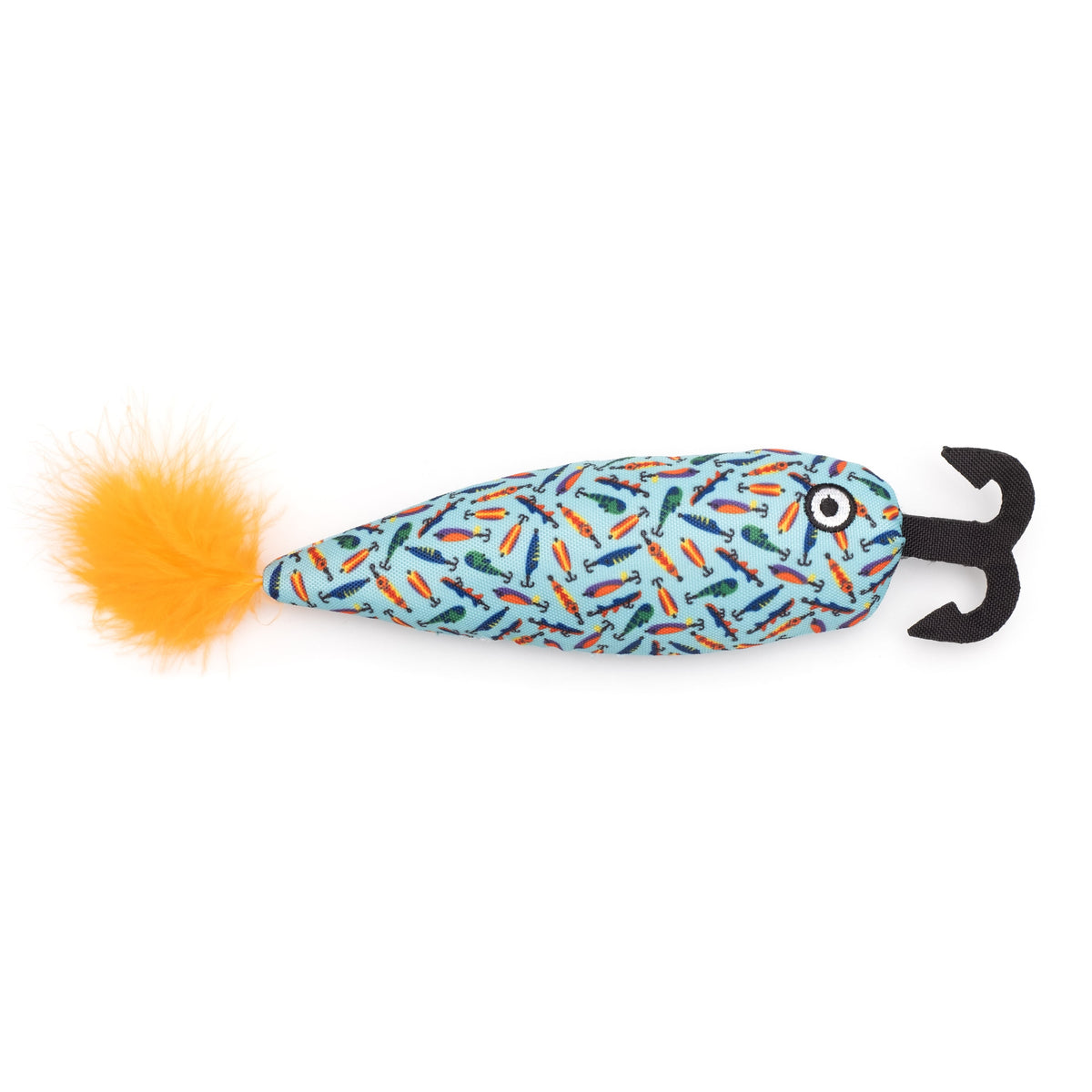 Blue Fishing Lure Catnip Kicker Toy, top view with orange tuft