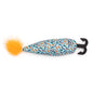Blue Fishing Lure Catnip Kicker Toy, top view with orange tuft