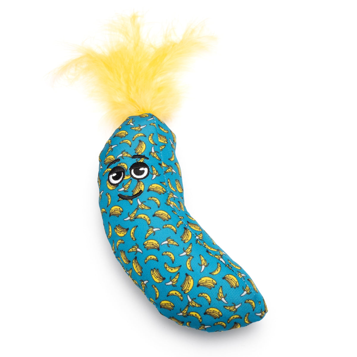 Banana Catnip Kicker Toy, front view with yellow tuft