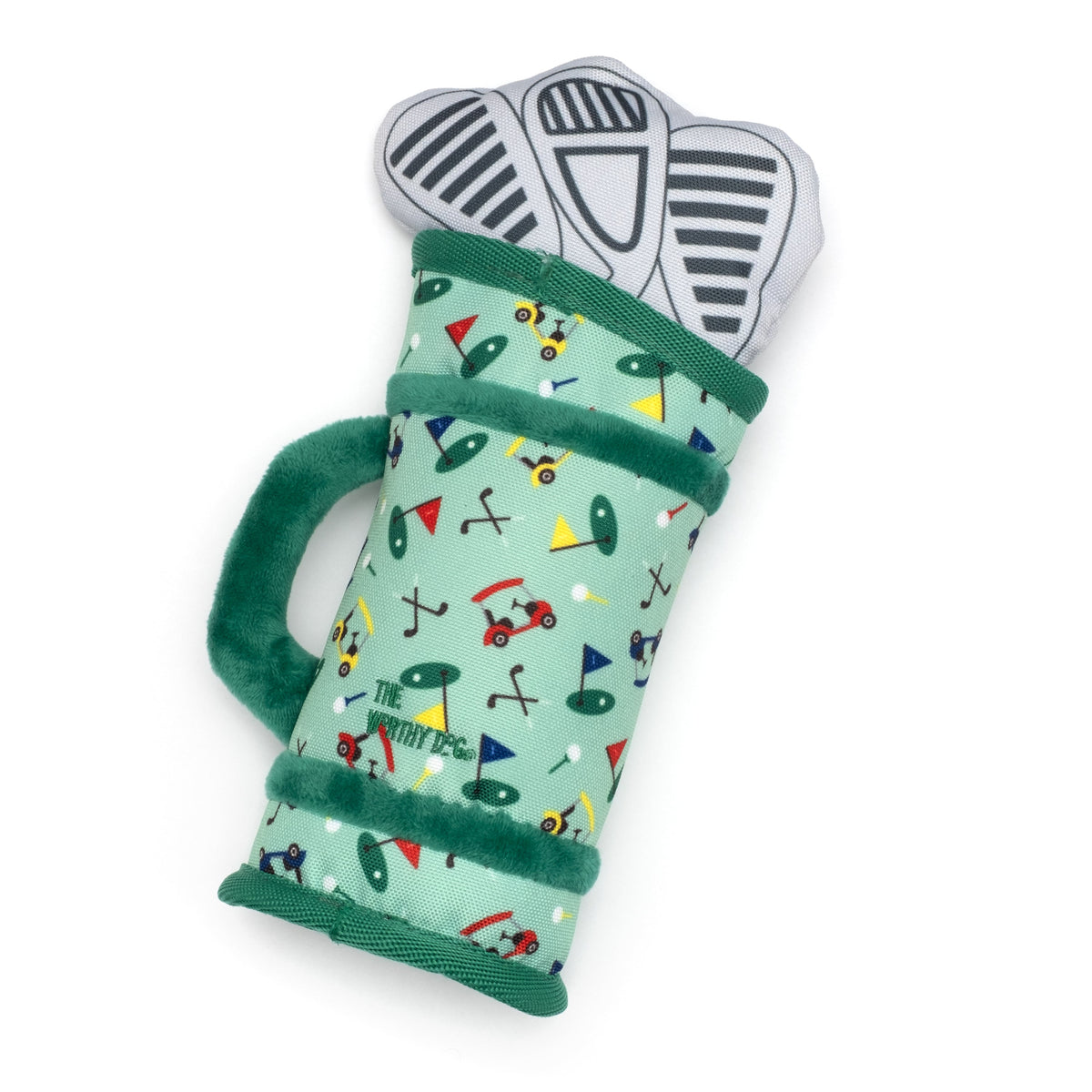 Golf Bag Squeaky Dog Toy, Green golf bag angled view