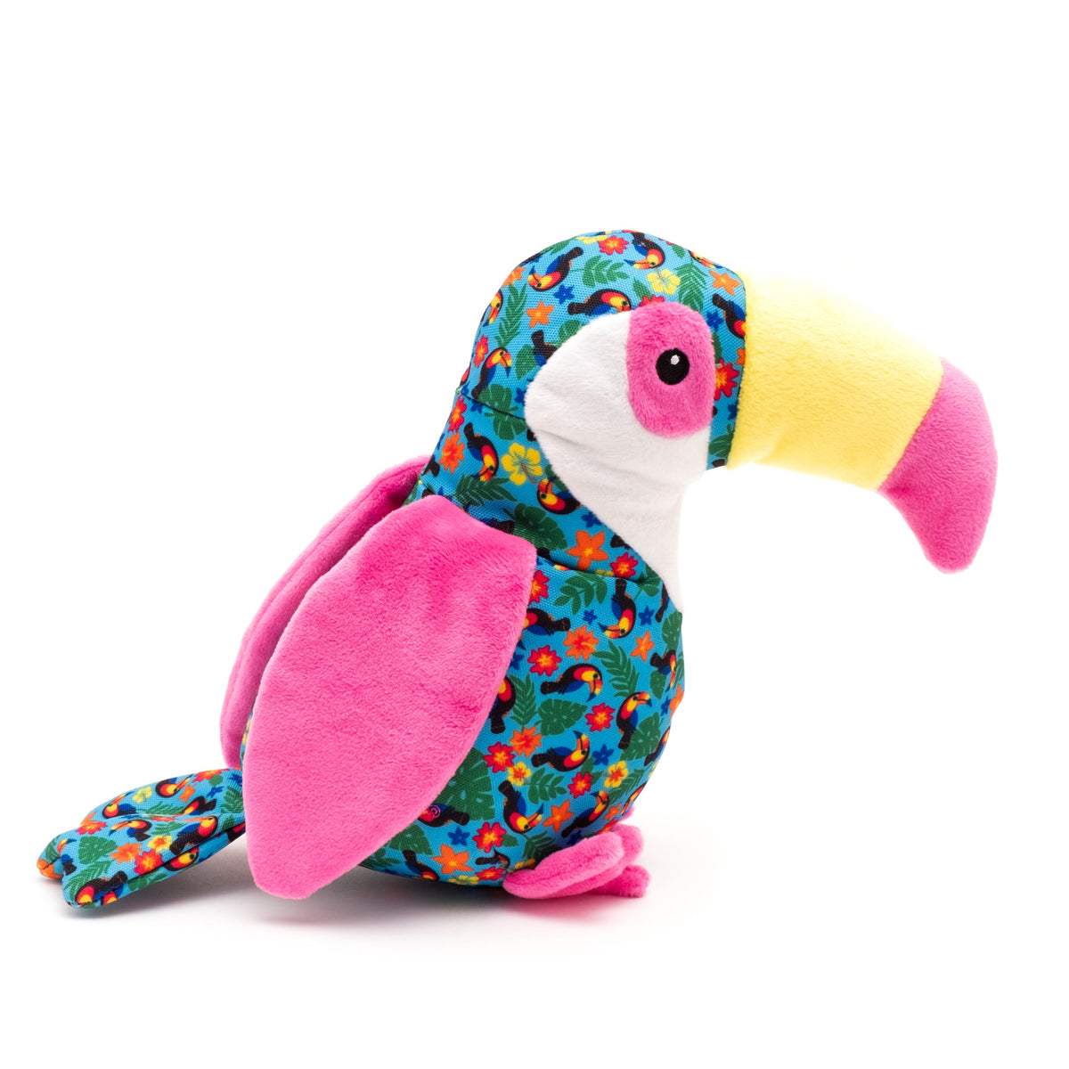 Turquoise Toucan Squeaky Dog Toy with Pink Wings, front angle