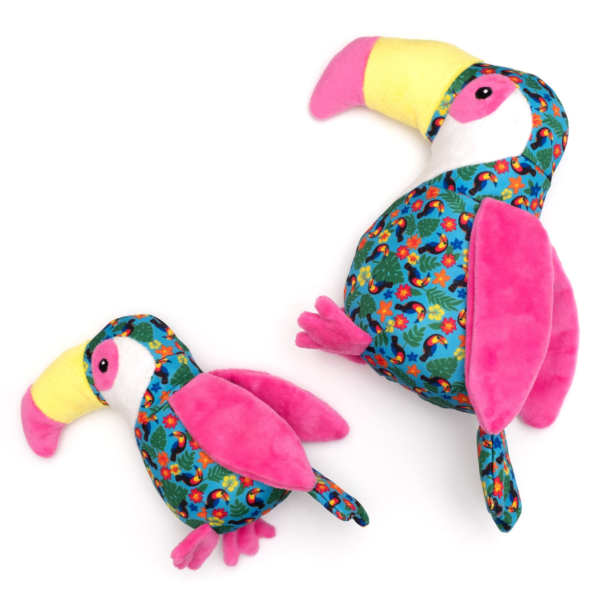 Turquoise Toucan Squeaky Dog Toy with Pink Wings, Small and Large size comparison