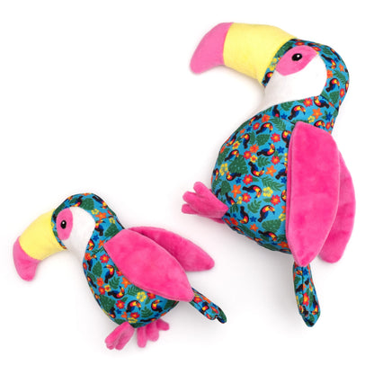 Turquoise Toucan Squeaky Dog Toy with Pink Wings, Small and Large size comparison