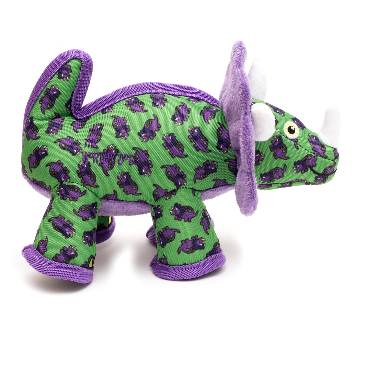 Green Triceratops Squeaky Dinosaur Dog Toy, side view