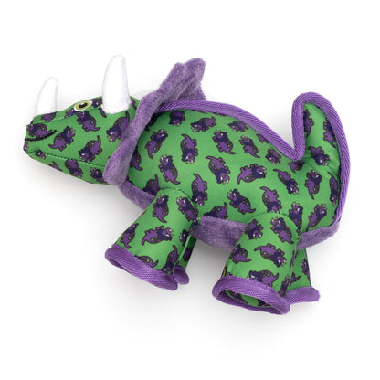 Green Triceratops Squeaky Dinosaur Dog Toy, rear angle