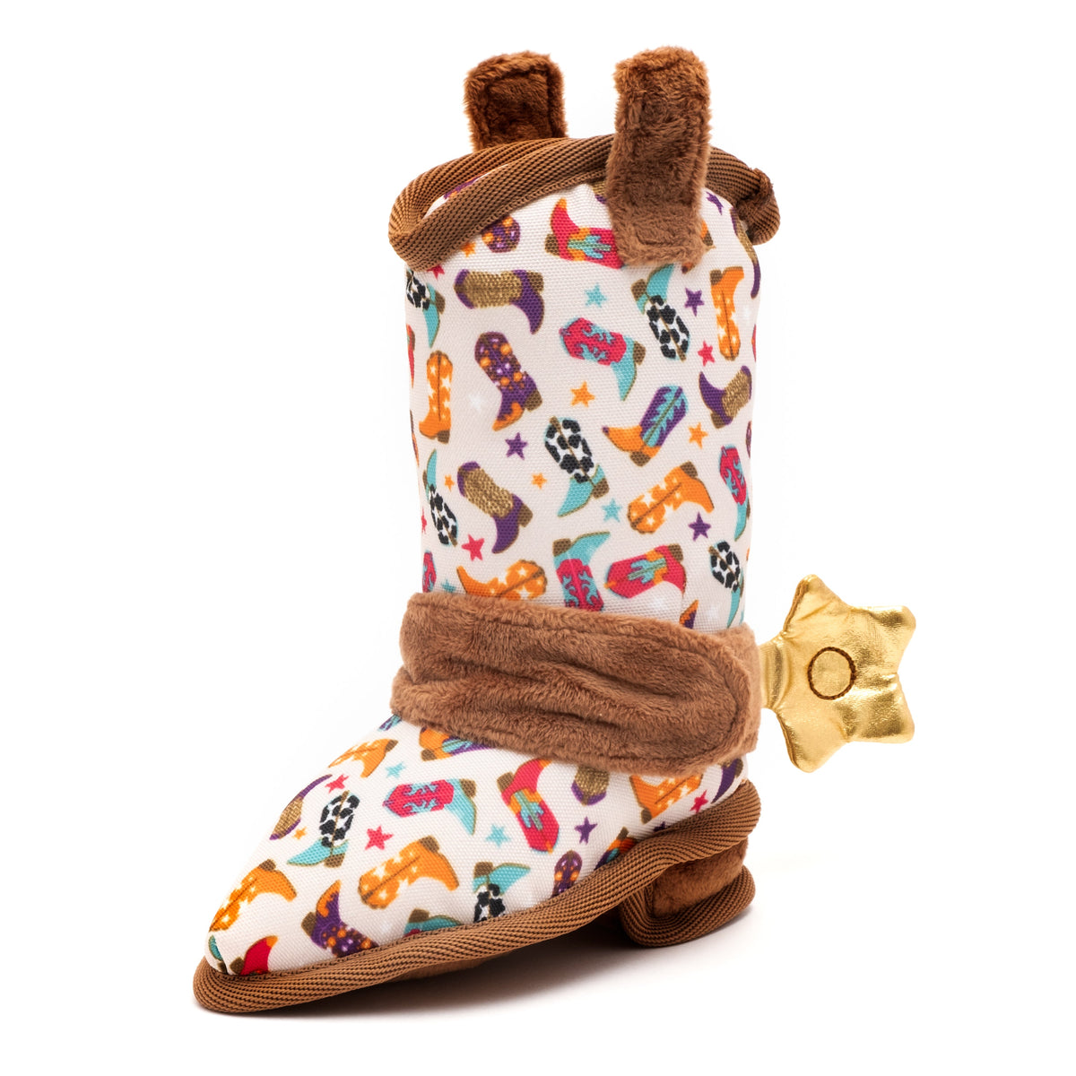 Cowboy Boot Squeaky Dog Toy, front angle with decorative spur