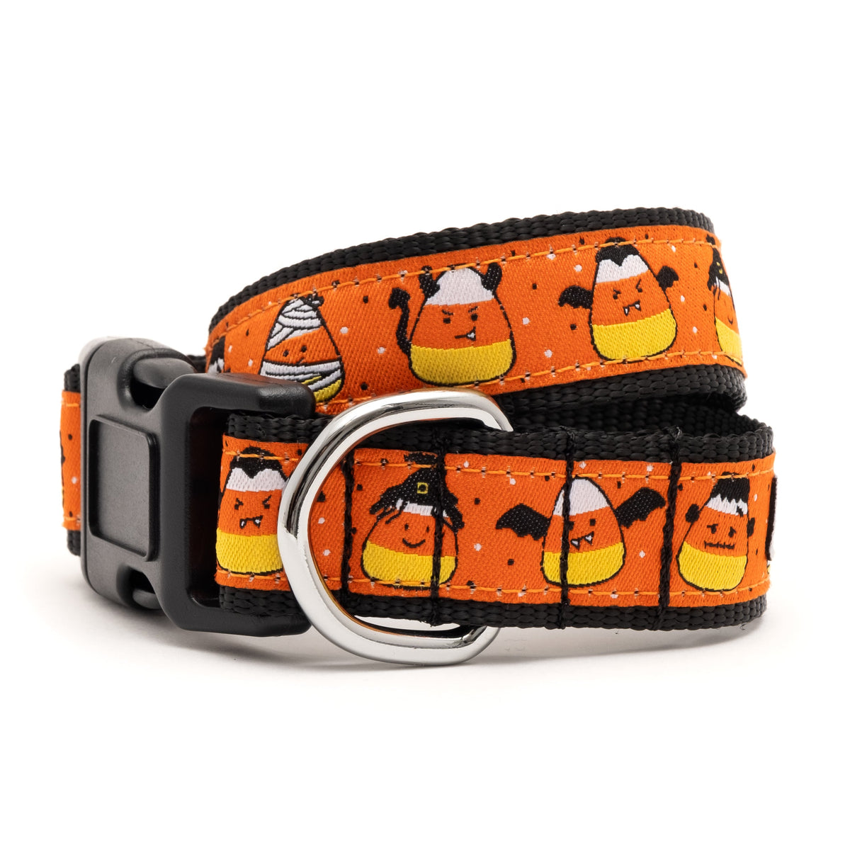 Candy corn characters on orange ribbon Halloween dog collar, front view