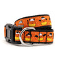 Candy corn characters on orange ribbon Halloween dog collar, front view