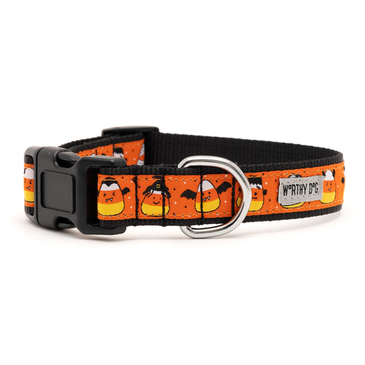 Candy corn characters on orange ribbon Halloween dog collar, side view