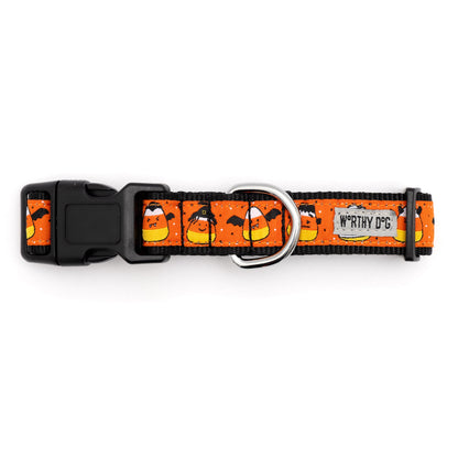 Candy corn characters on orange ribbon Halloween dog collar, buckle detail