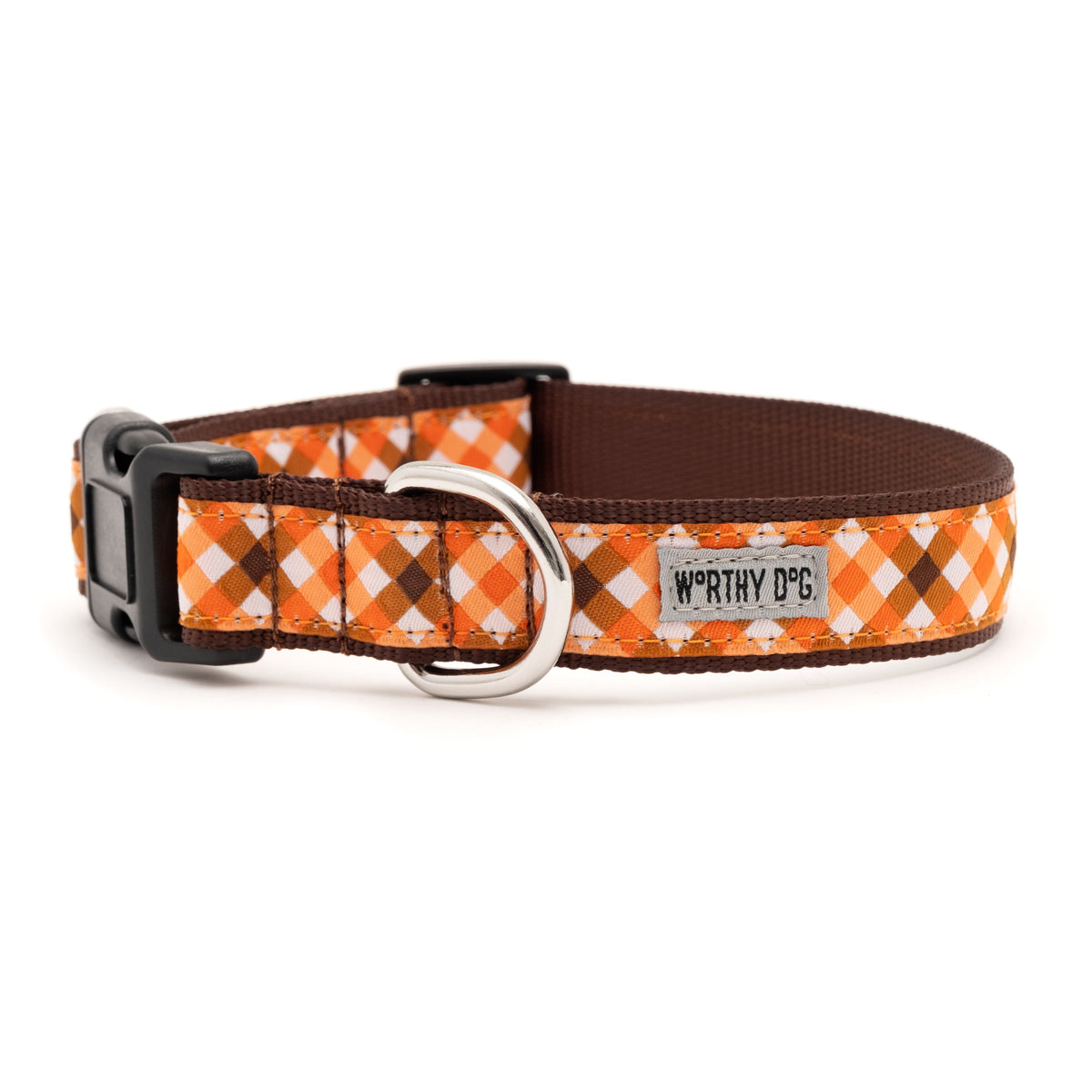 Fall Check Dog Collar – Brown/Orange, Sizes XS–XL