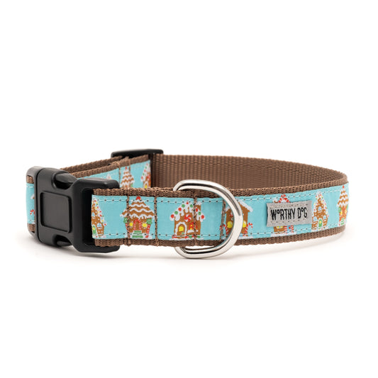 Gingerbread Houses Dog Collar – Blue, Sizes XS–XL