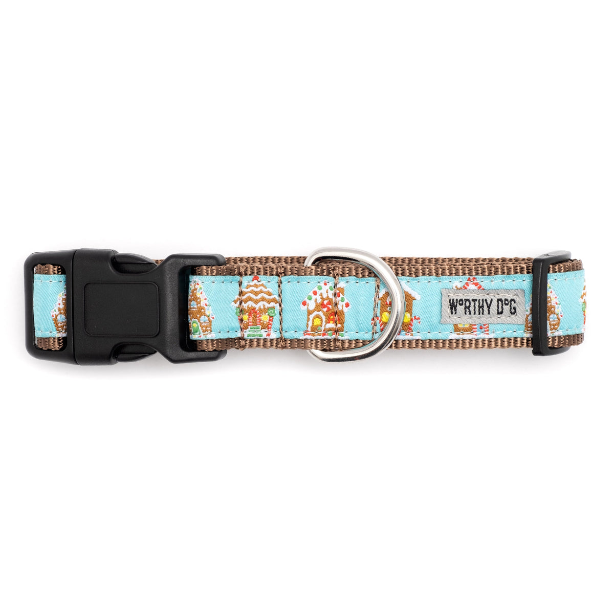 Gingerbread Houses Dog Collar – Blue, Sizes XS–XL