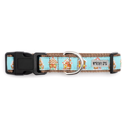 Gingerbread Houses Dog Collar – Blue, Sizes XS–XL