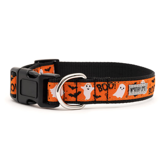 White ghosts, black bats and BOO lettering on orange ribbon Halloween dog collar, side view