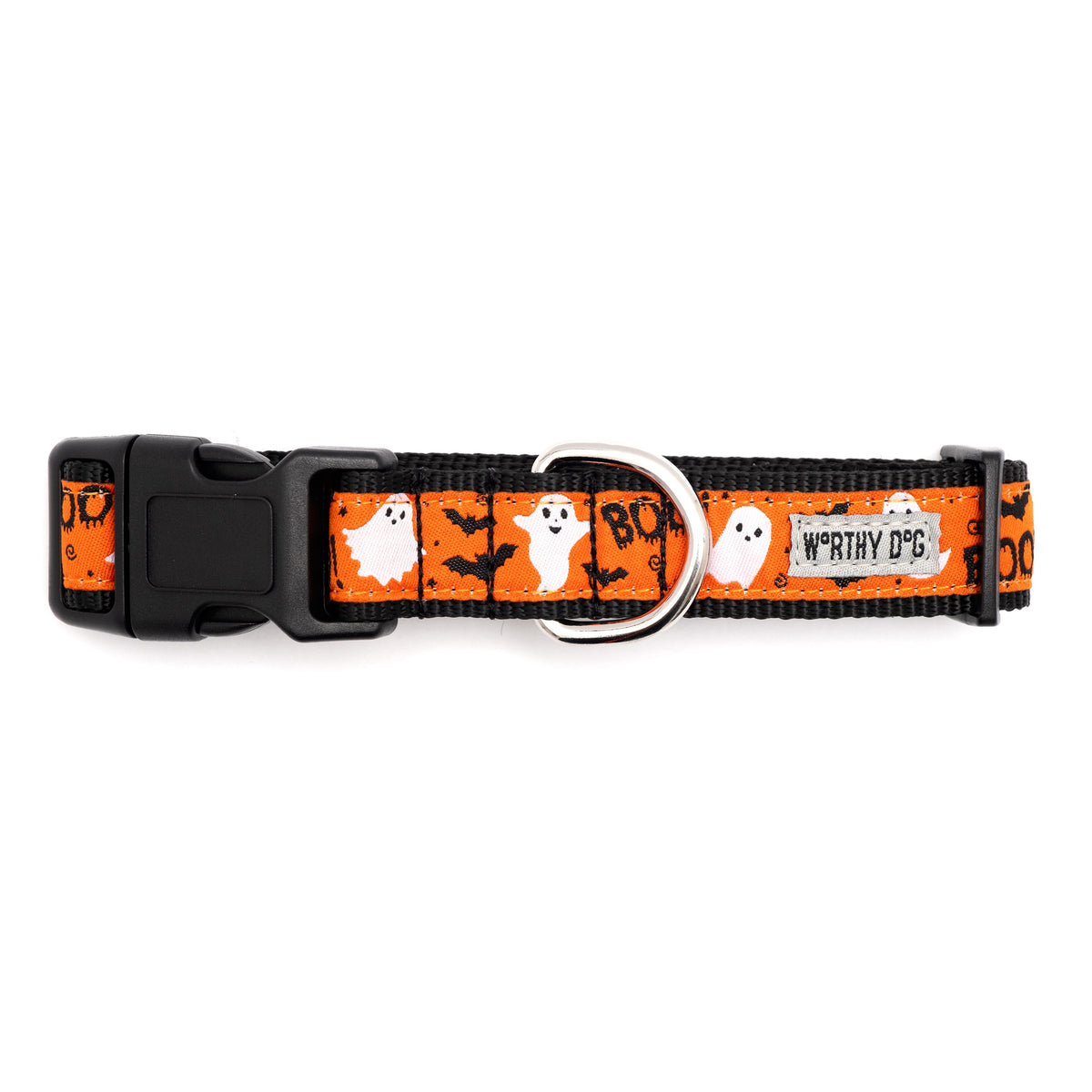 White ghosts, black bats and BOO lettering on orange ribbon Halloween dog collar, buckle detail