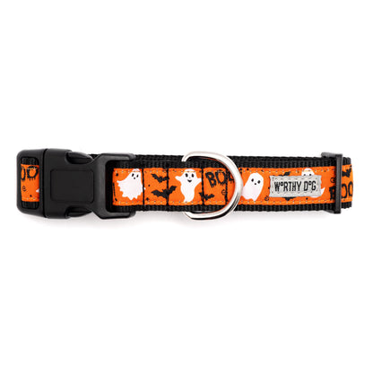 White ghosts, black bats and BOO lettering on orange ribbon Halloween dog collar, buckle detail