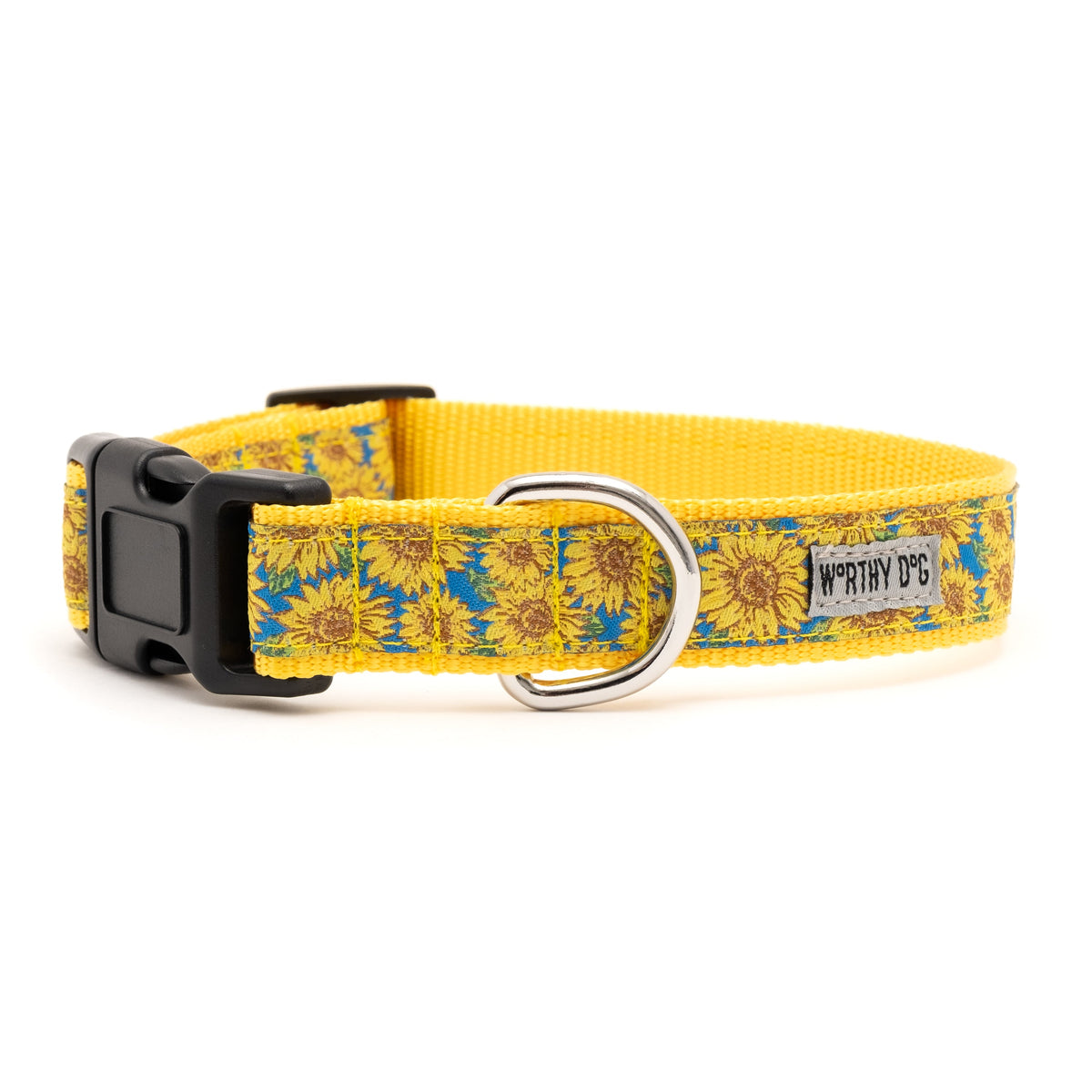 Yellow and Blue Sunflower Nylon Dog Collar in blue, product view 2
