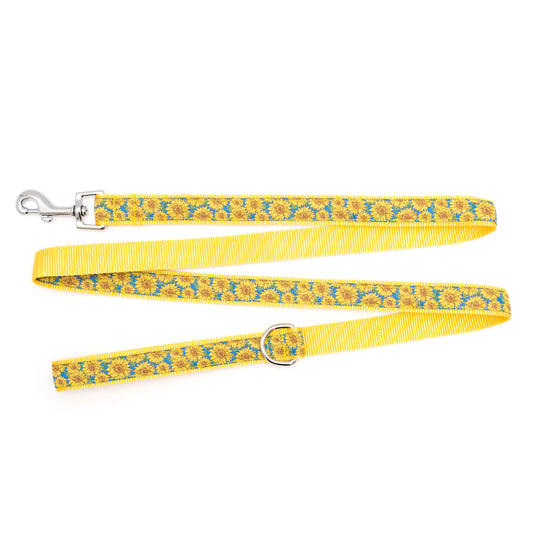 Sunflowers blue ribbon and nylon dog leash, product view 2