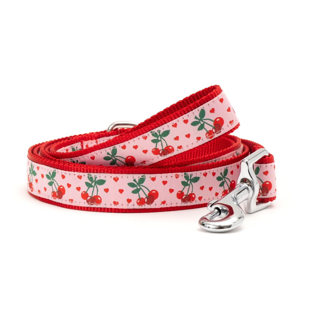 Cherries Jubilee pink ribbon and nylon dog leash, coiled leash