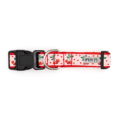 Pink Cherry Nylon Dog Collar in pink, product view 3
