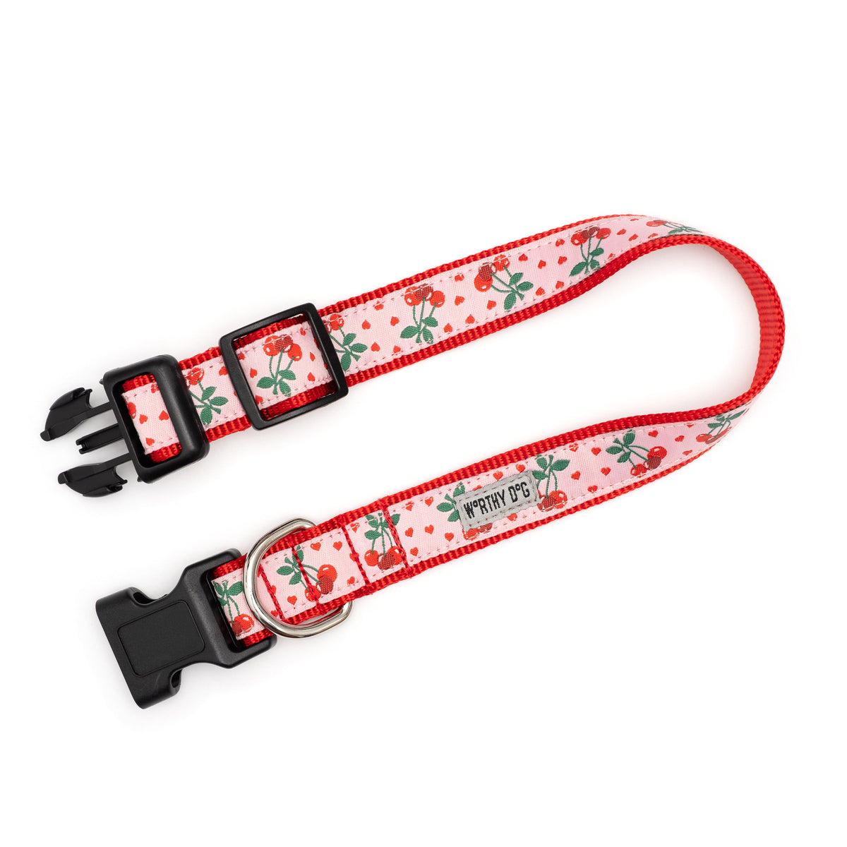 Pink Cherry Nylon Dog Collar in pink, product view 4