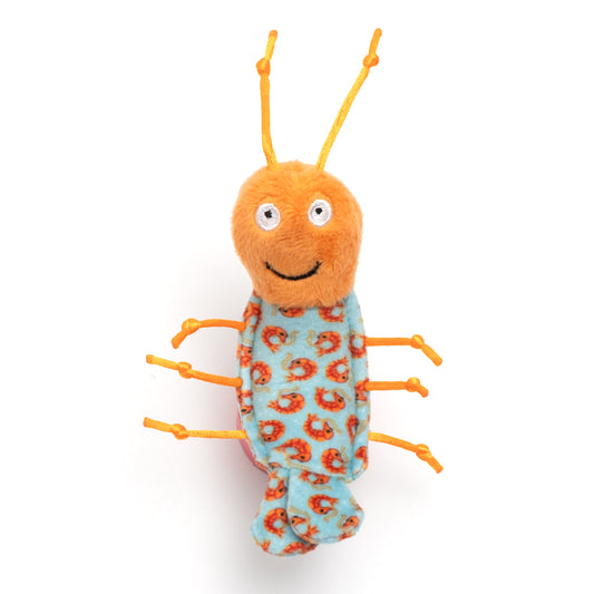 Shrimp Catnip Cat Toy, front view with orange antennae