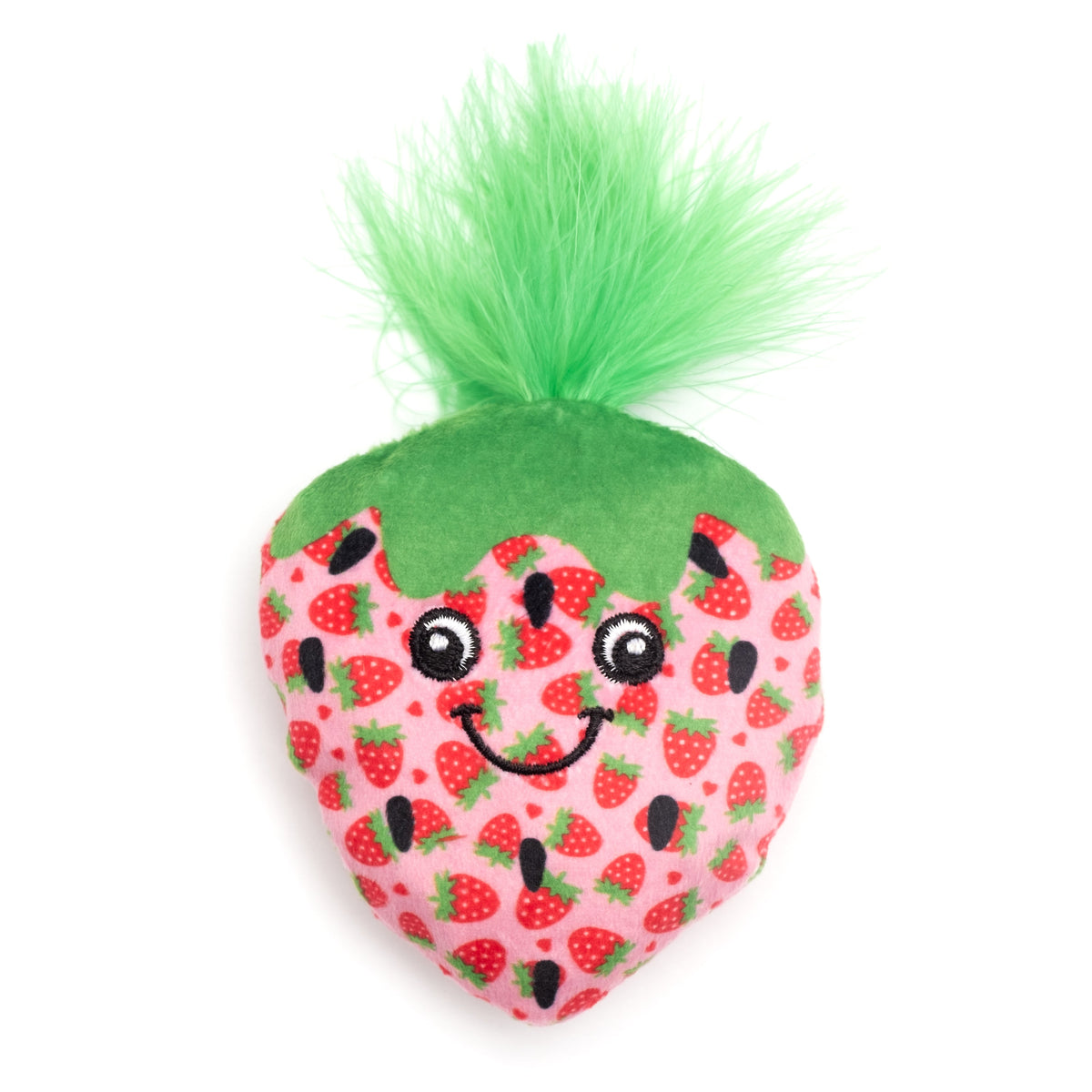 Pink Strawberry Catnip Cat Toy with Crinkle Sound, front view with green tuft