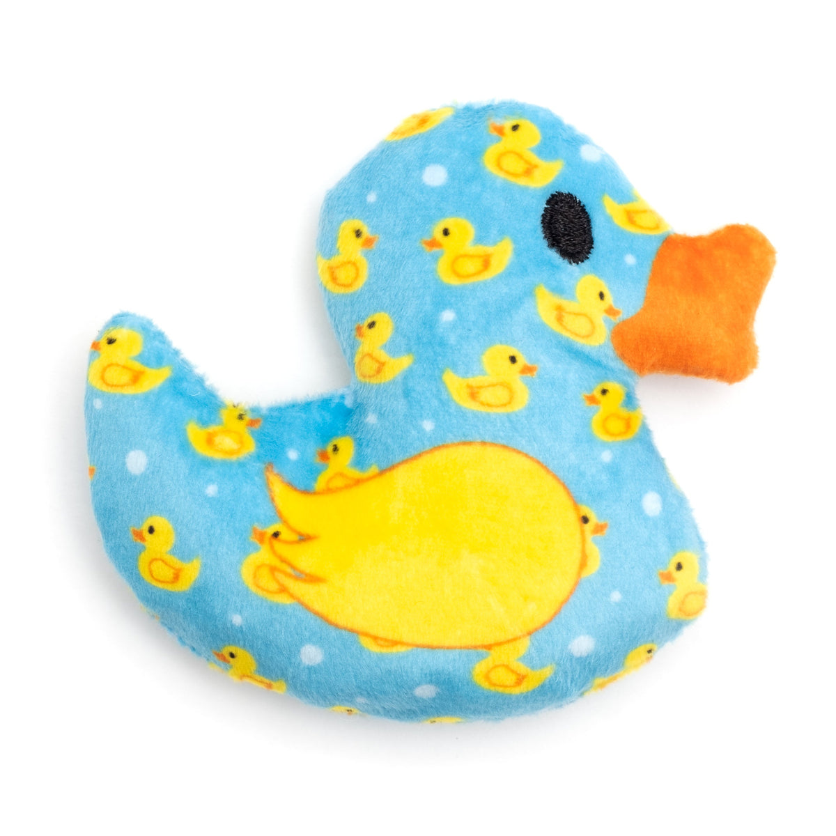 Blue Duck Catnip Cat Toy with Crinkle Sound, side view with yellow belly