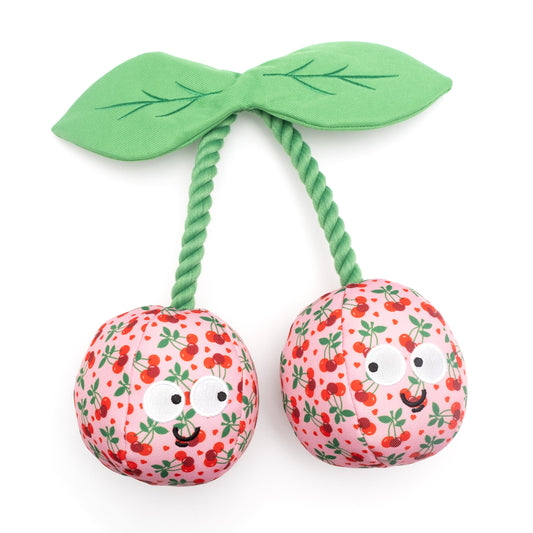 Pink Cherries Squeaky Dog Toy, paired cherries front view