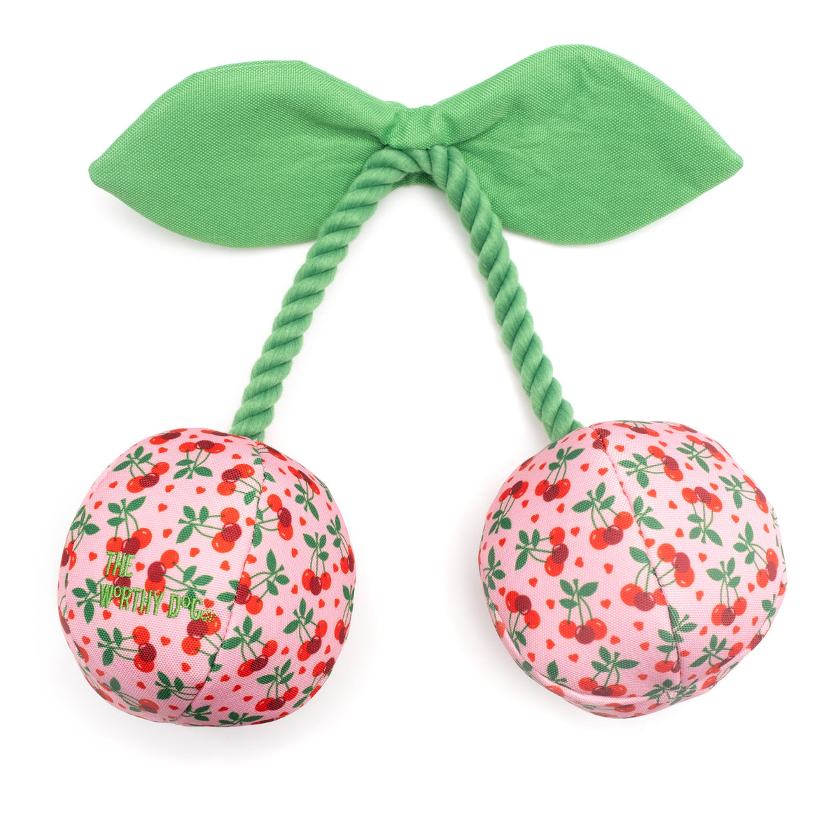 Pink Cherries Squeaky Dog Toy, reverse view and rope stems