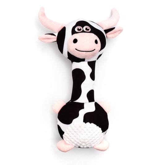 Black and White Cow Squeaky Dog Toy with Long Neck, front view of black and white cow