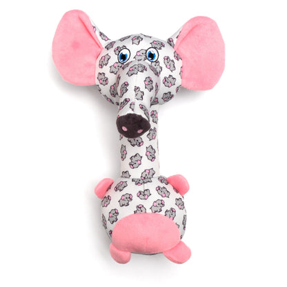 Gray Elephant Squeaky Dog Toy with Long Neck, front view with pink ears