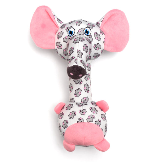 Gray Elephant Squeaky Dog Toy with Long Neck, front view with pink ears