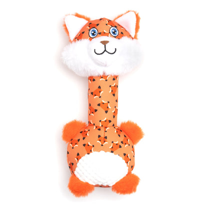 Orange Fox Squeaky Dog Toy with Long Neck, front view with glasses detail