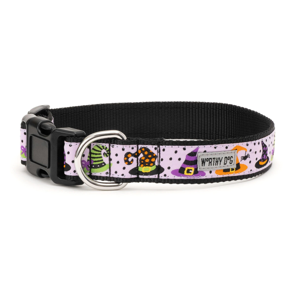 Colorful witch hats on pale purple ribbon Halloween dog collar, side view