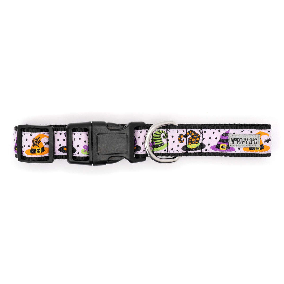 Colorful witch hats on pale purple ribbon Halloween dog collar, buckle detail