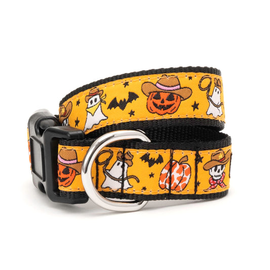 Cowboy-hat pumpkins and ghosts on orange ribbon Halloween dog collar, front view