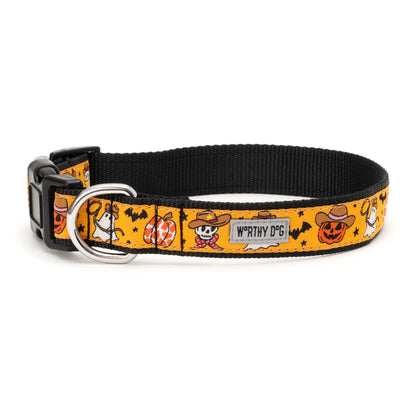 Cowboy-hat pumpkins and ghosts on orange ribbon Halloween dog collar, side view