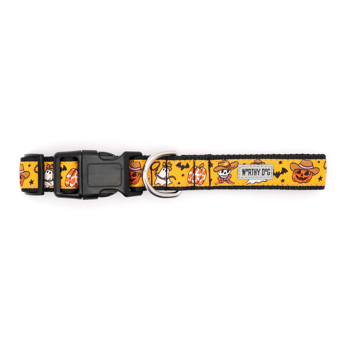 Cowboy-hat pumpkins and ghosts on orange ribbon Halloween dog collar, buckle detail