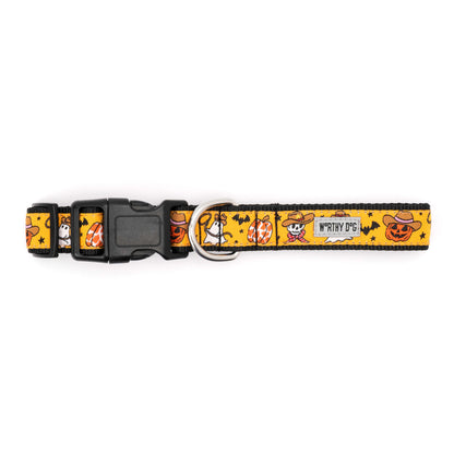 Cowboy-hat pumpkins and ghosts on orange ribbon Halloween dog collar, buckle detail