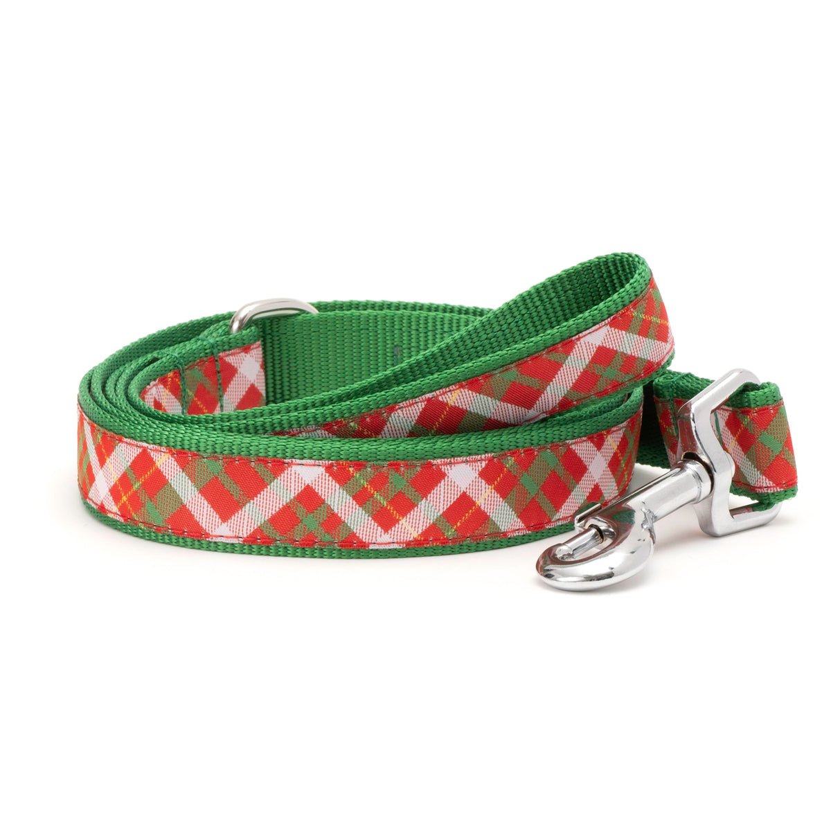Holiday Plaid multicolored ribbon and nylon dog leash, coiled leash