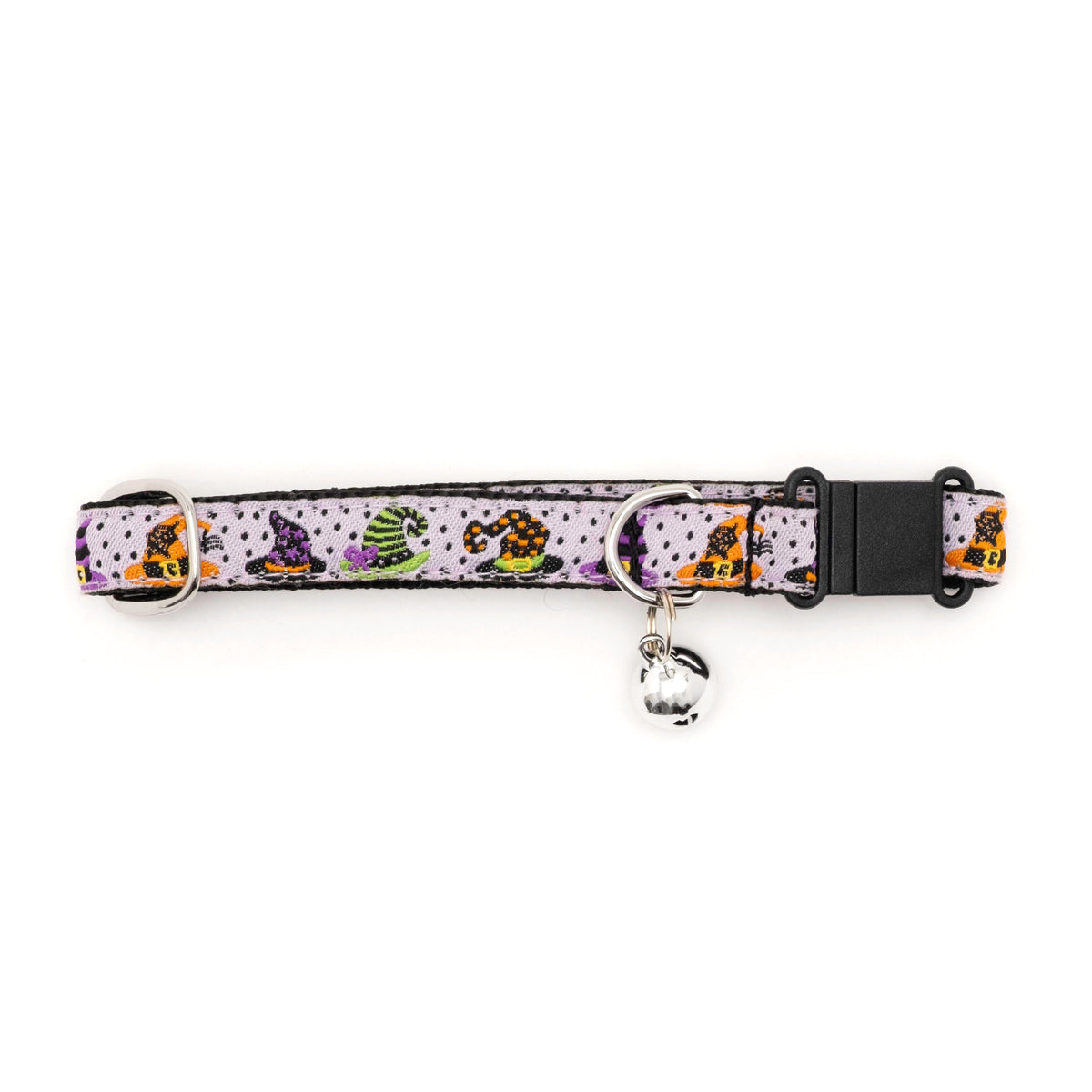 Colorful witch hats on pale purple ribbon Halloween cat collar, buckle and bell detail