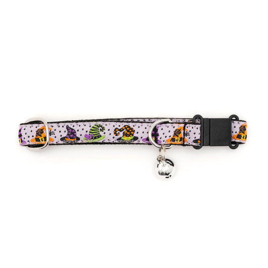 Colorful witch hats on pale purple ribbon Halloween cat collar, buckle and bell detail