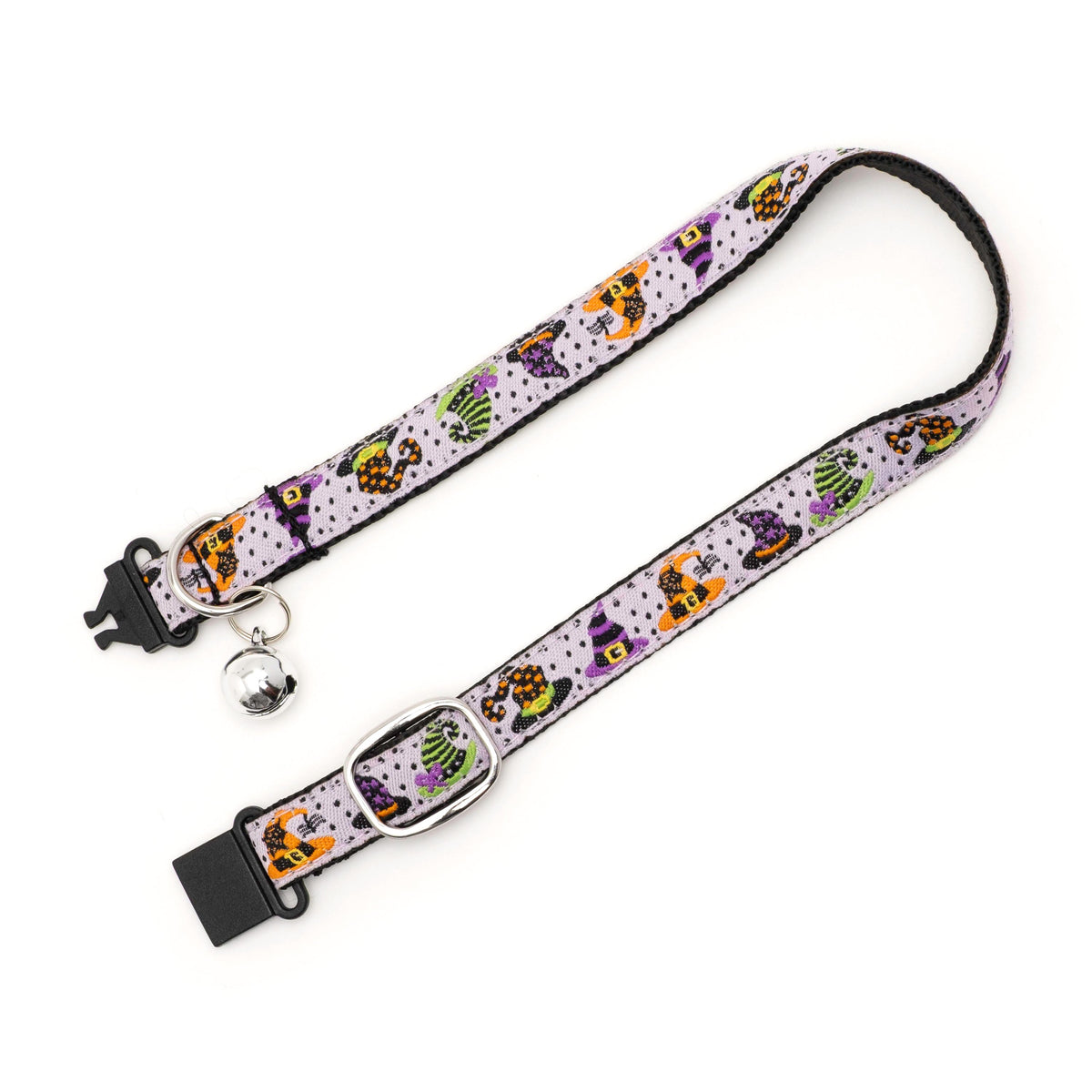 Colorful witch hats on pale purple ribbon Halloween cat collar, extended with clasp open