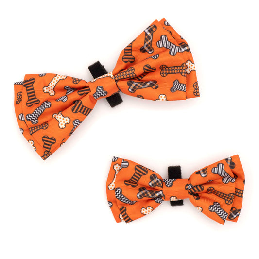 Halloween Bones Dog Bow Tie – Polyester, Orange, Sizes S, L