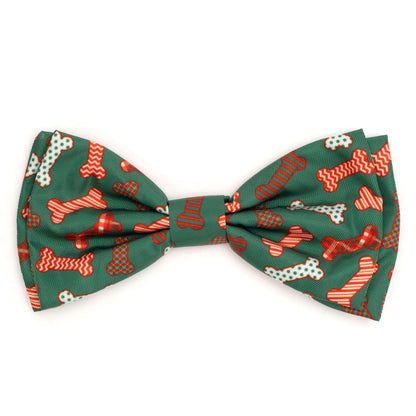 Festive Bones Dog Bow Tie – Polyester, Green, Sizes S, L