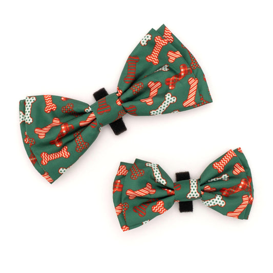 Festive Bones Dog Bow Tie – Polyester, Green, Sizes S, L