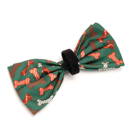 Festive Bones Dog Bow Tie – Polyester, Green, Sizes S, L