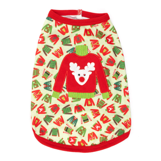 Ugly Christmas Sweater Dog Tank Top – Polyester, Green, Sizes XS–XXL